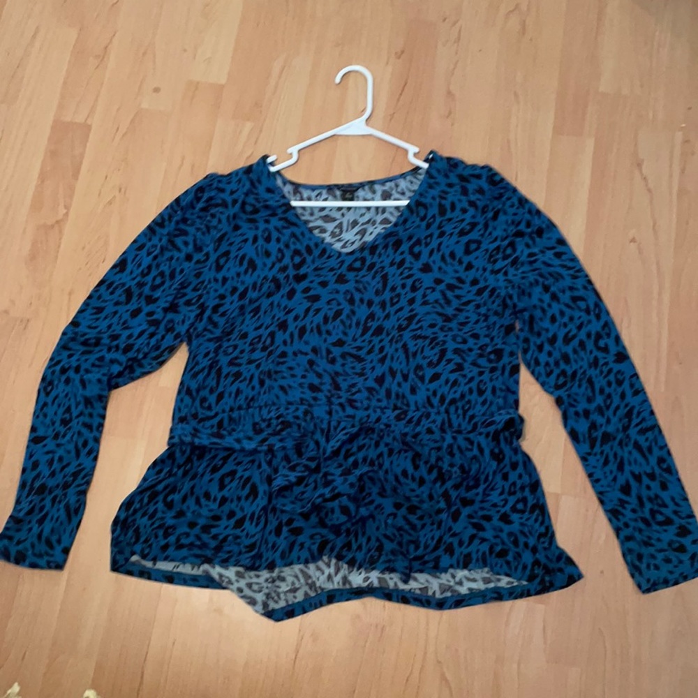 Blue and Black Leopard Print Long Sleeve Blouse